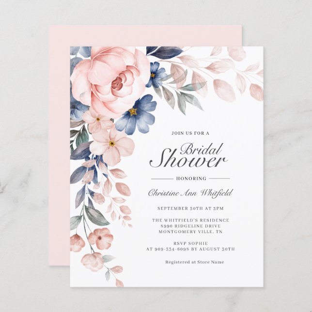 Chá de panela Floral Azul Cor-de-Rosa Orçamental (Frente/Verso)