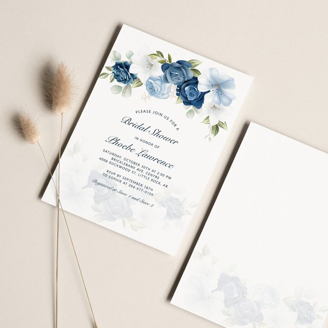 Chá de panela Floral Azul Elegante (Floral Dusty Blue Script Typography Wedding Invitation)