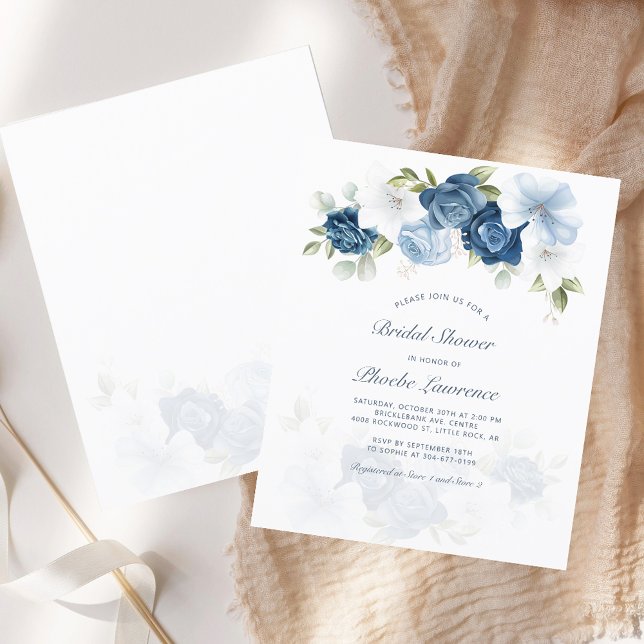 Chá de panela Floral de Orçamento (Dusty Blue Floral Watercolor Script Bridal Shower Budget Invitation)