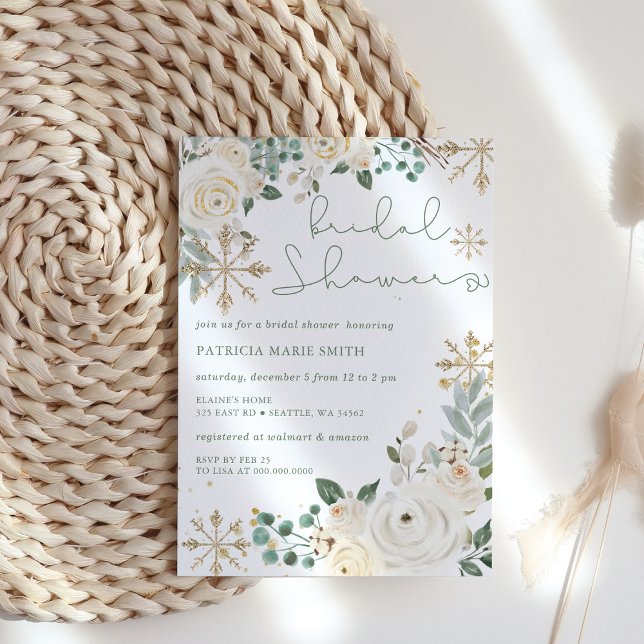 Chá de panela Floral Floco de Neve de inverno (Christmas Winter Snowflake Floral bridal shower Invitation)