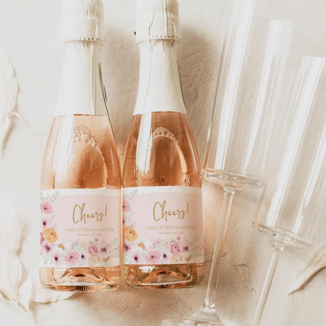 Chá de panela Floral Rosa Cheio (Elegant Pink floral Cheers Mini Champagne label )