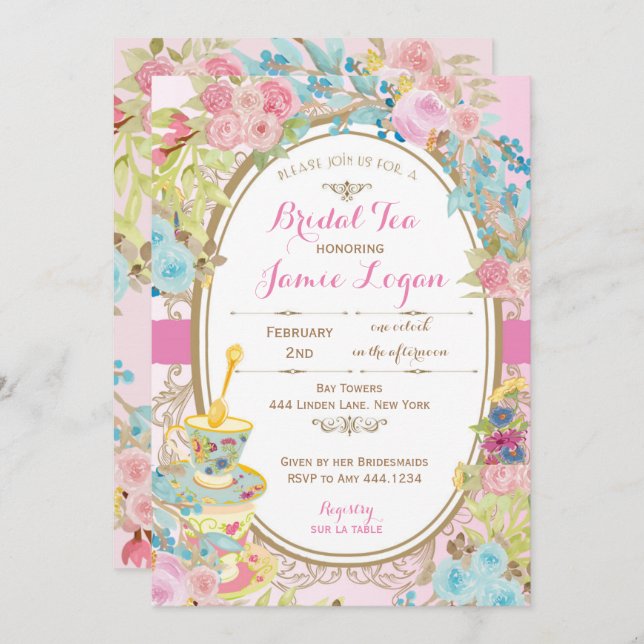 Chá de panela Floral Tea Convite de festas (Frente/Verso)