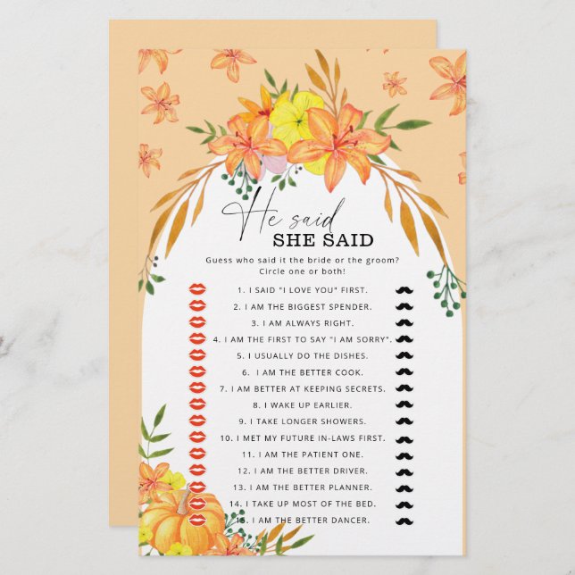 Chá de panela Games Ele Disse Que Ela Disse Pumpki (Frente/Verso)