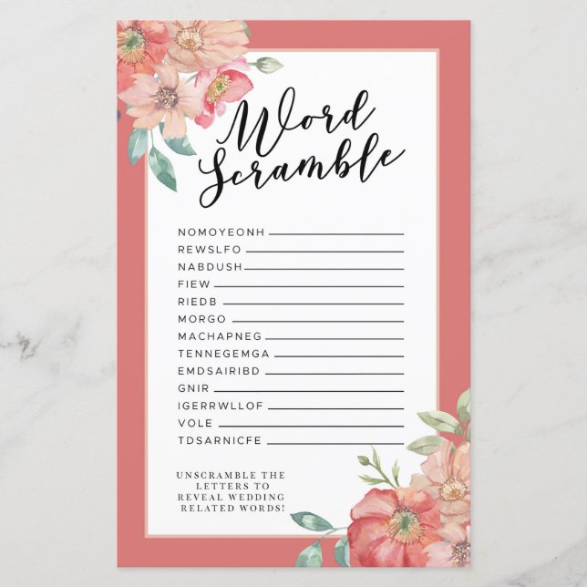 Chá de panela Games Word Scramble Game Pink Flower (Frente)