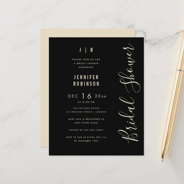 Chá de panela Moderno de Script de Orçamento Preto (Frente/Verso In Situ)