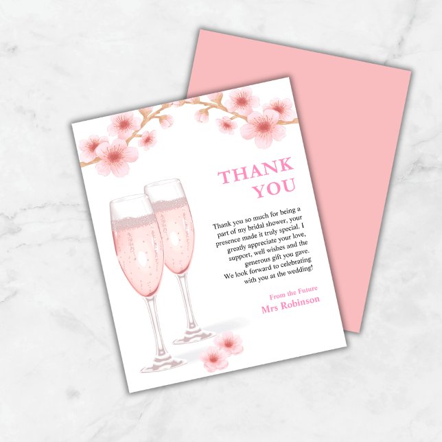 Chá de panela Petals & Prosecco (Budget Petals & Prosecco Bridal Shower Thank You Card  )