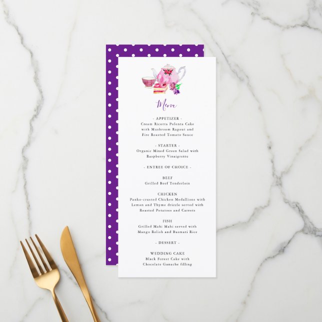 Chá de panela Tea Party Purple Teapot Menu (Frente/Verso In Situ)