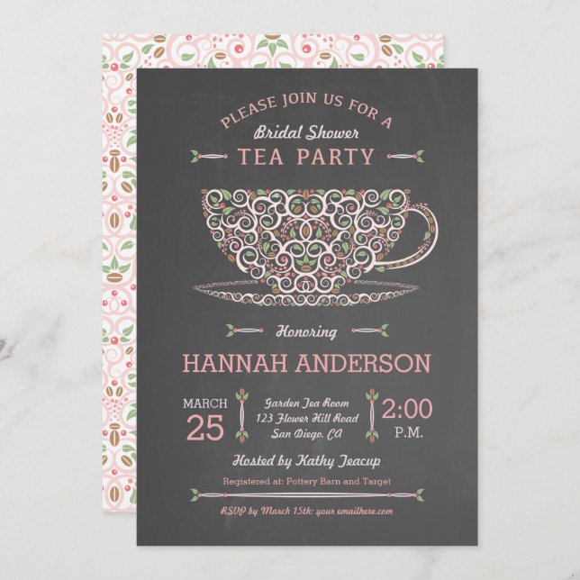 Chá de panela Teacup Lacy Tea Convite de festas I (Frente/Verso)