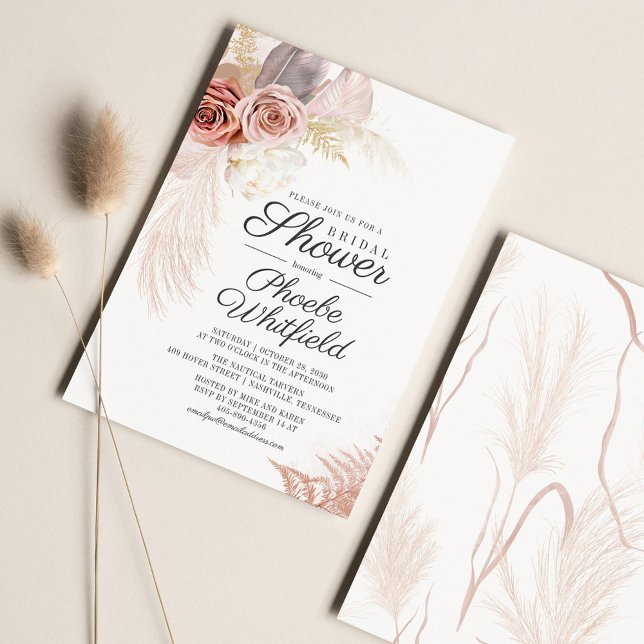 Chá de panela Terracotta Pampas Grass (Pampas Grass Script Floral Bridal Shower Invitation)