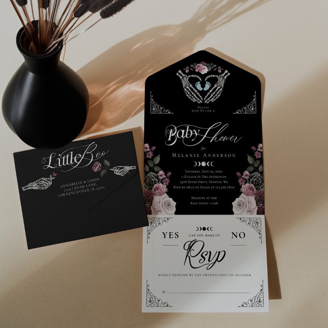 Chá Gothic Floral Skeleton Hand Heart Boy (Gothic Floral Skeleton Hand Heart Baby Boy Shower All In One Invitation)