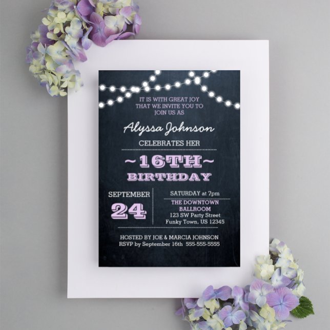Chalk Lights Lavanda 16º Aniversário Convite Sm (Criador carregado)