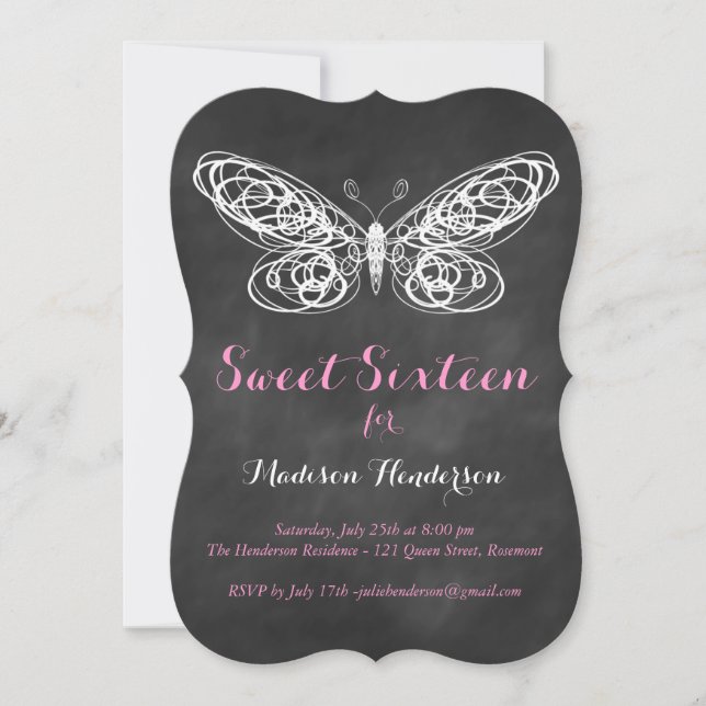 Chalkboard Butterfly Sweet Sessenta Convite (Frente)