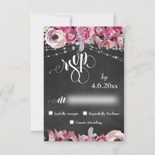 Chalkboard, Lights, Calligraphy Pink Flowers RSVP