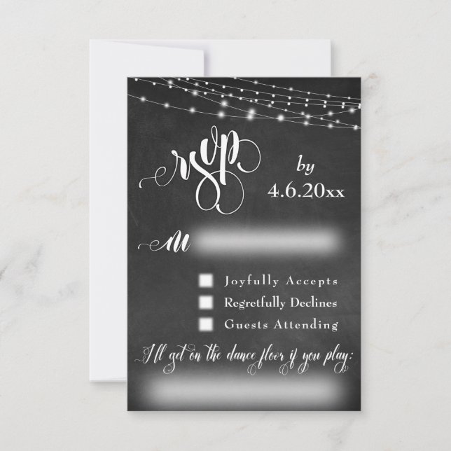 Chalkboard, Lights & Script RSVP com Pedido de Mús (Frente)