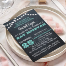 Chalkboard Lights Teal Bat Mitzvah Convite