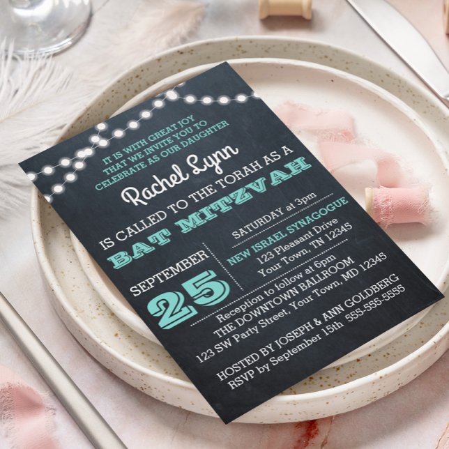 Chalkboard Lights Teal Bat Mitzvah Convite (Criador carregado)