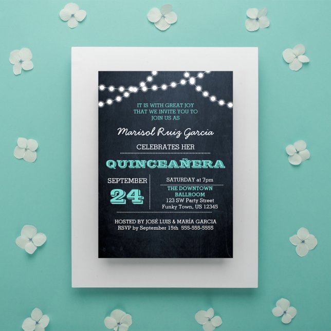 Chalkboard Lights Teal Quinceañera Convite (Criador carregado)