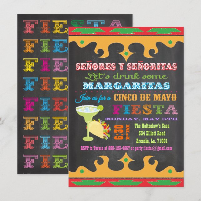 Chalkboard Mexicana Fiesta Cinco de Mayo Convite (Frente/Verso)