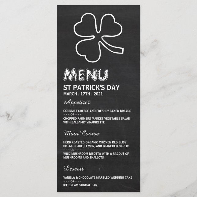 Chalkboard Shamrock, Dia de São Patrício Menu Card (Frente)