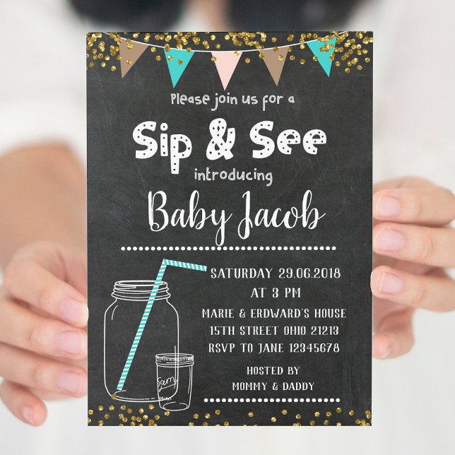 Chalkboard Sip e veja o convite para chás de frald (Criador carregado)