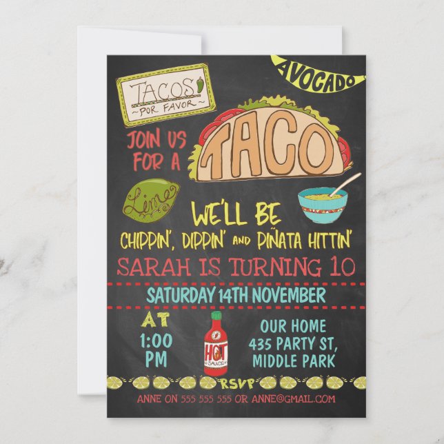 Chalkboard Taco Chippin Dippin Convite Aniversário (Frente)