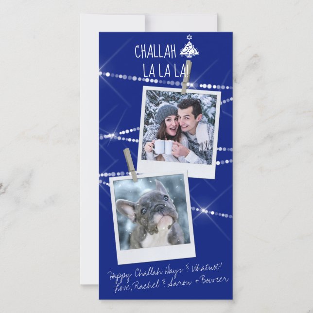 Challah Days Hanukkah 2-Photo Holiday Card | Azul (Frente)