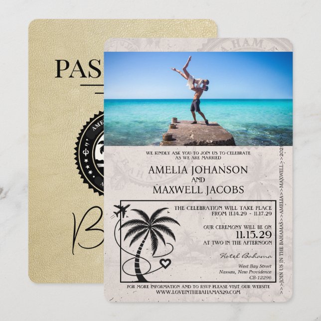 Champagne Bahamas Passaporte Convite Para Casament (Frente/Verso)