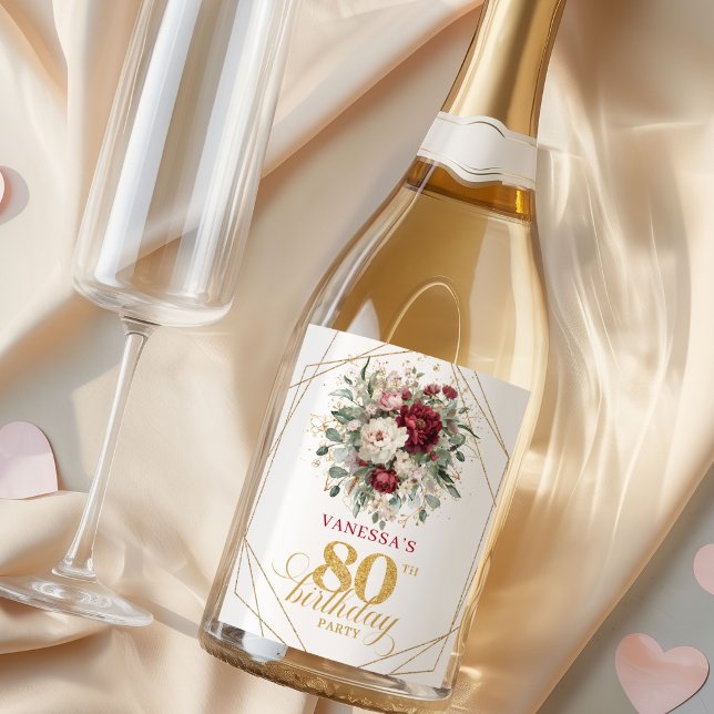 Champagne Burgundy Graceful Blush de 80 Anos de Id (Graceful Blush Burgundy 80th Birthday Champagne Labels)