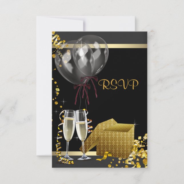 Champagne Confetti Black Surprise Party RSVP (Frente)