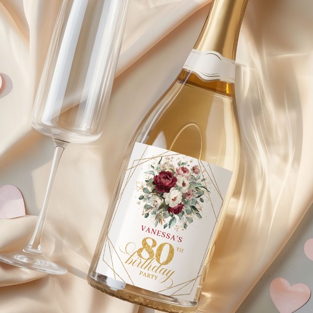 Champagne de Aniversário de 80 Anos Blush Romântic (Romantic Blush Burgundy 80th Birthday Champagne Labels)