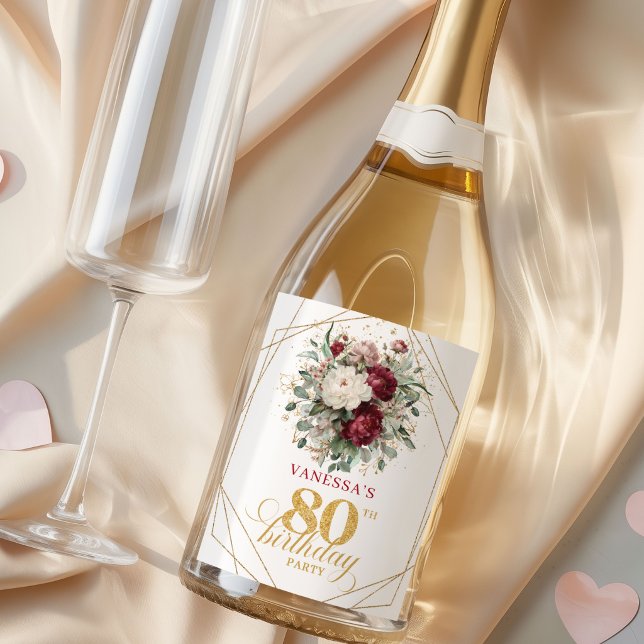 Champagne de Aniversário de 80 anos Refined Blush  (Refined Blush Burgundy 80th Birthday Champagne Labels)