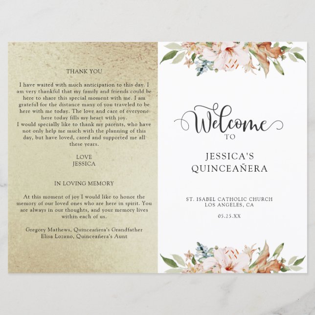 Champagne, Dourado e cor-de-rosa, Quinceanera Flor (Frente)