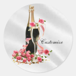 Champagne & etiquetas brancas do cetim dos rosas