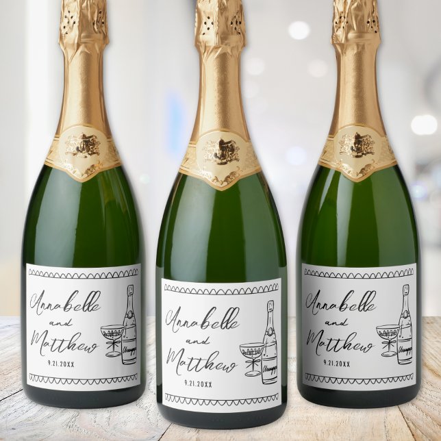 Champagne Personalizado Desenho à Mão Casamento (Personalized Champagne Hand Drawn Wedding Sparkling Wine Label)