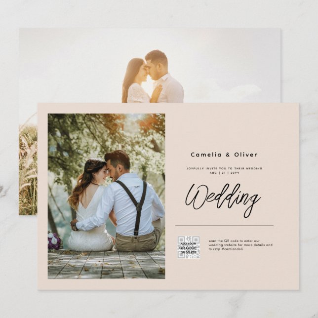 Champanhe Blush PHOTO Casamento Convite QR Código (Frente/Verso)