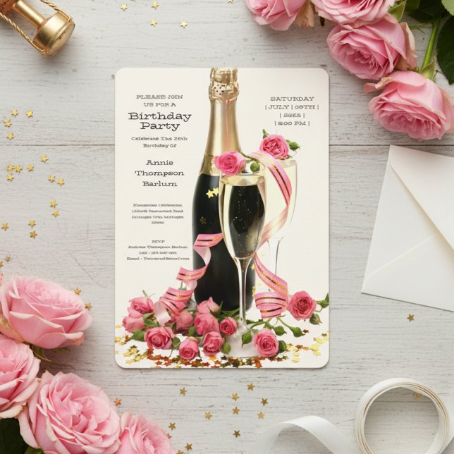 Champanhe e Rosas Convite de Aniversário (Champagne and Roses Birthday Invitation)
