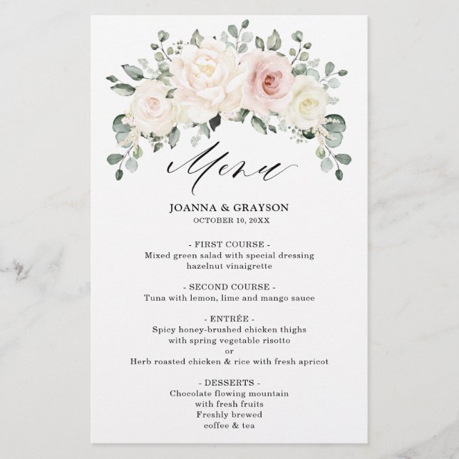 Champanhe Ivory Blush Floral Menu Casamento Verde (Frente)