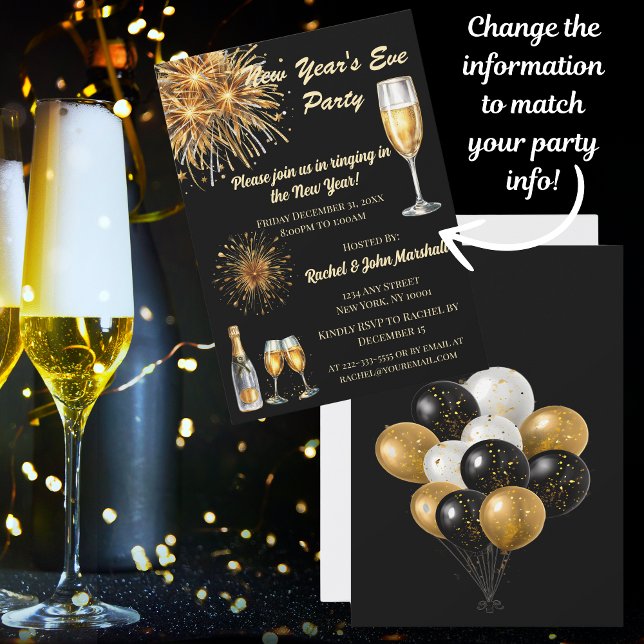 Champanhe Preto e Dourado Convite de Ano Novo (Send your New Year's Party Invitation with elegance and style!)