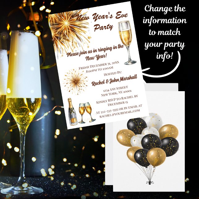 Champanhe White e Dourado Convite de Ano Novo (Send out your New Year's Eve Party invitation with style and elegance!)