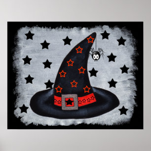 Chapéu de Bruxa Negra com Estrelas e Poster de Ara