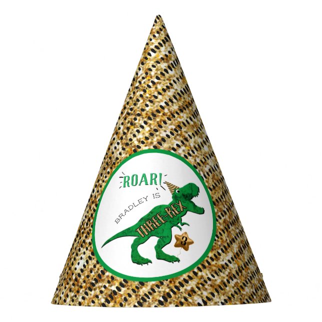 Chapéu De Festa Aniversário de 3 anos de Dinossauro Três Rex (Frente)