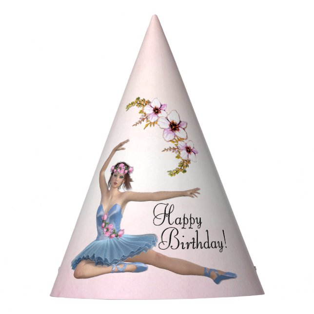 Chapéu De Festa Ballerina em Azul Feliz Aniversário a Rosa (Frente)