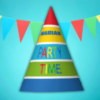 Balões e horário de festa de listras de cores