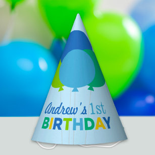 Chapéu De Festa Balões Verdes Azuis do Primeiro Aniversário Modern