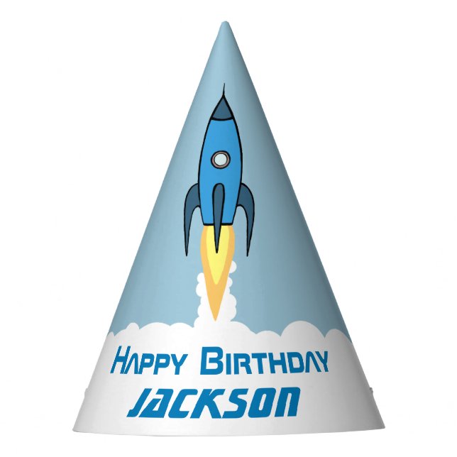 Chapéu De Festa Blue Retro Rocket Ship Personalizado Birthday Boy (Frente)