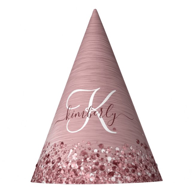 Chapéu De Festa Blush Pink Brushed Metal Glitter Monogram Name (Frente)