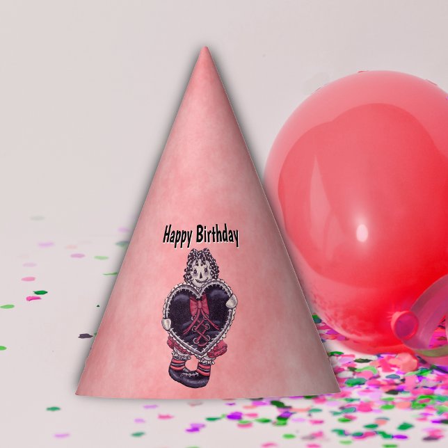 Chapéu De Festa Boneca de Trapo Assustadora em Vermelho com Grande (Spooky rag doll red dress holding black heart lace trim on pink red Birthday party paper hat.)