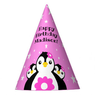 Chapéu De Festa Bonita Feliz Aniversário Rapariga Pinguins Flores