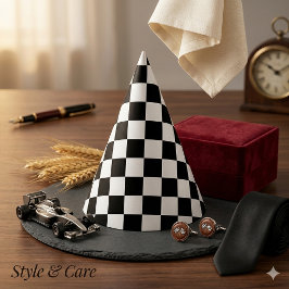 Chapéu De Festa Branco Clássico com Padrão de Quadrado Preto