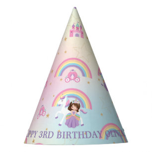Chapéu De Festa Brunette Princess e Unicorn Rainbow Birthday